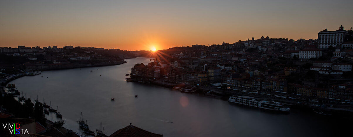 The Sun sets over Porto and the Douro in northern Portugal